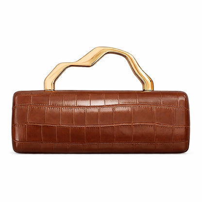Luxury Burgundy Crocodile Pattern PU Evening Clutch with Gilded Shaped Handle for Ladies Fashionable Party Handbag