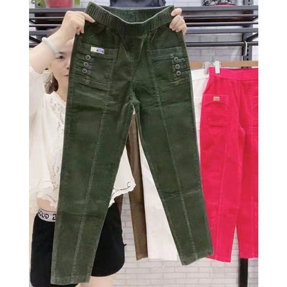 Elegant Women Streetwear Korean Fashion Casual Pant Solid Corduroy Harlan Button Pockets Pants New Autumn Winter Pants Plus Size