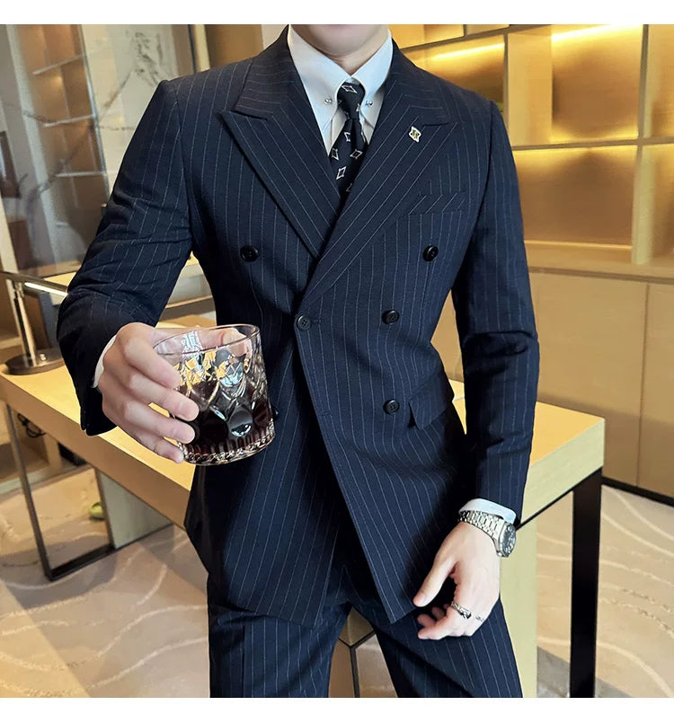 7XL-M ( Jacket + Pants ) Latest 2024 Stripe Design Double Breasted Men Suit 2 Piece Groom Wedding Business Slim Fit Prom Tuxedos