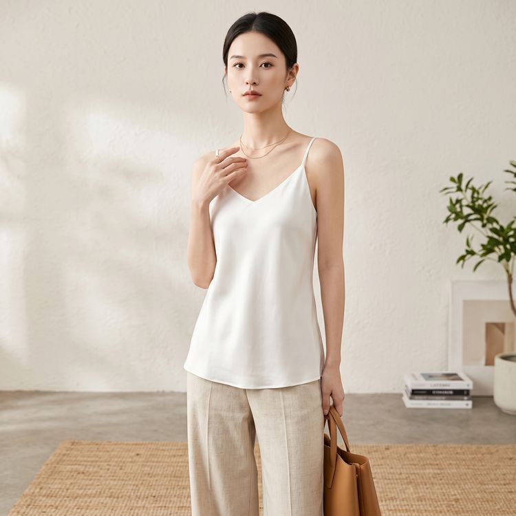 Double-Layer Silk Camisole for Women, Mulberry Silk Bandeau, Sexy V-neck Tanks and Camis, Summer Vest, 2025