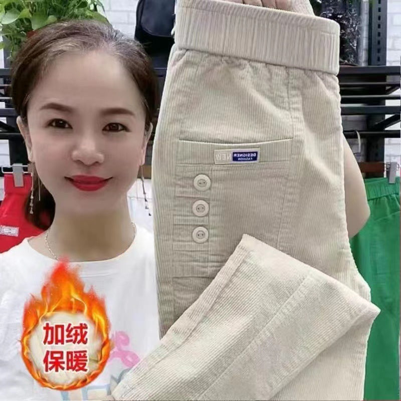 Elegant Women Streetwear Korean Fashion Casual Pant Solid Corduroy Harlan Button Pockets Pants New Autumn Winter Pants Plus Size