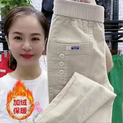 Elegant Women Streetwear Korean Fashion Casual Pant Solid Corduroy Harlan Button Pockets Pants New Autumn Winter Pants Plus Size