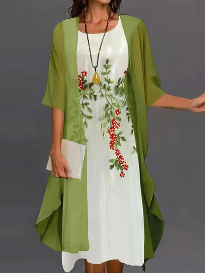 2024 Europe and the United States summer women's casual dress two-piece floral print round collar repair maxi