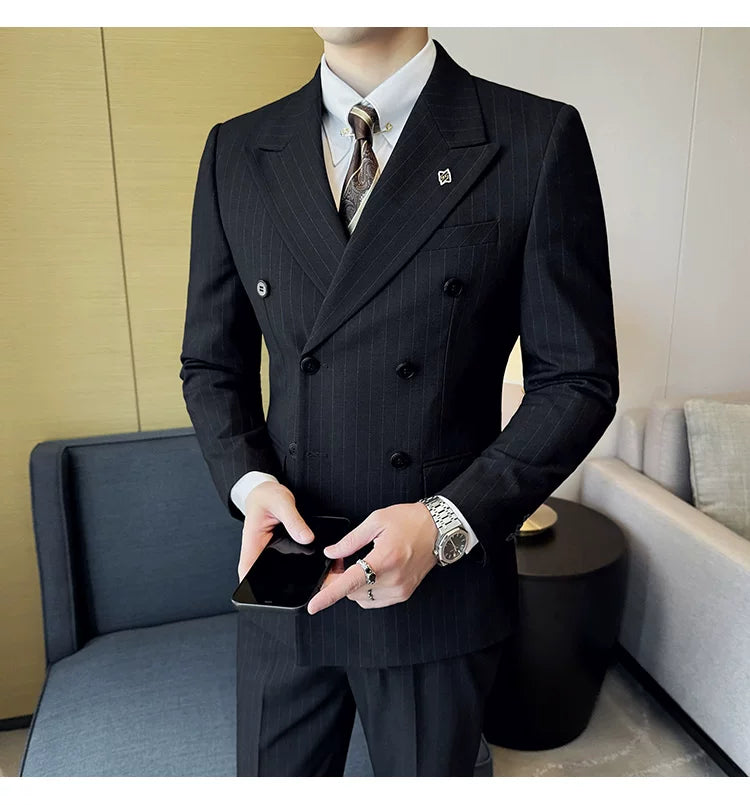 7XL-M ( Jacket + Pants ) Latest 2024 Stripe Design Double Breasted Men Suit 2 Piece Groom Wedding Business Slim Fit Prom Tuxedos