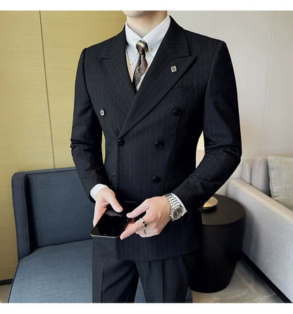 7XL-M ( Jacket + Pants ) Latest 2024 Stripe Design Double Breasted Men Suit 2 Piece Groom Wedding Business Slim Fit Prom Tuxedos