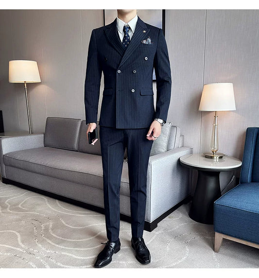 Jacket And Pants High-end Fashion Striped Men's Formal Double-breasted Business Suit Groom Wedding Dress Mens Suit 2 Piece Set