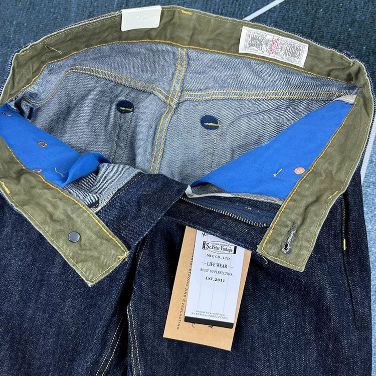 14oz Red Selvedge Denim Jeans for Men Heavyweight Raw Desilted Indigo Cotton Pants Youth Male Fashion Loose Straight Trousers