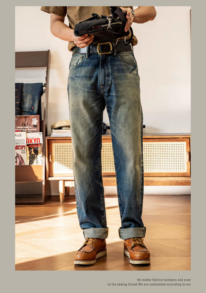 Good Quality  Washed Slim Fitting Denim Pants 100% Cotton Heavy Thick Jean 14oz