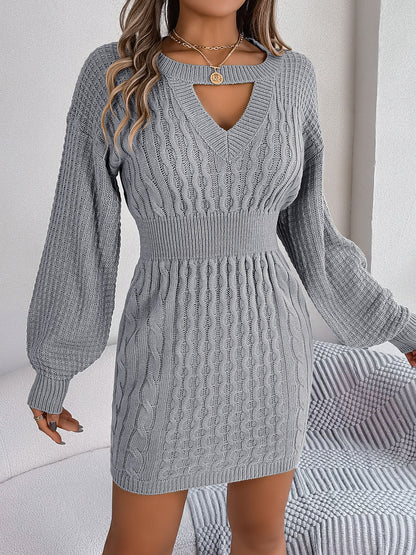 Autumn Winter Solid Color Woolen Dress O-Neck Lantern Sleeve Hollow Out Knitted Dresses for Women Fashion Casual Vestidos