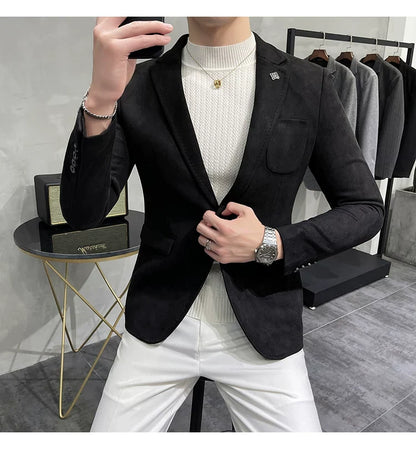 Men's Deerskin Fleece Jacket Suit Coat Blazer Men's Business Leisure Slim Fit Brand Fashion High Quality Single Button Suit Coat
