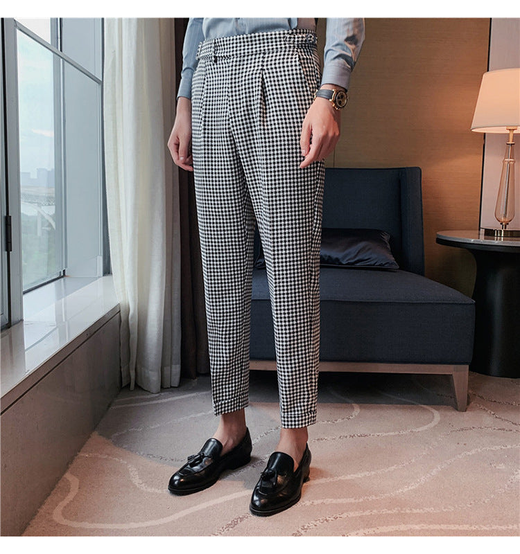 British Style Autumn New Fashion Stripe Plaid Suit Pant Men High Waist Design Slim Fit Office Pants Mens Groom Wedding Trousers