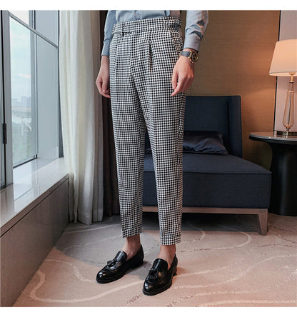 British Style Autumn New Fashion Stripe Plaid Suit Pant Men High Waist Design Slim Fit Office Pants Mens Groom Wedding Trousers