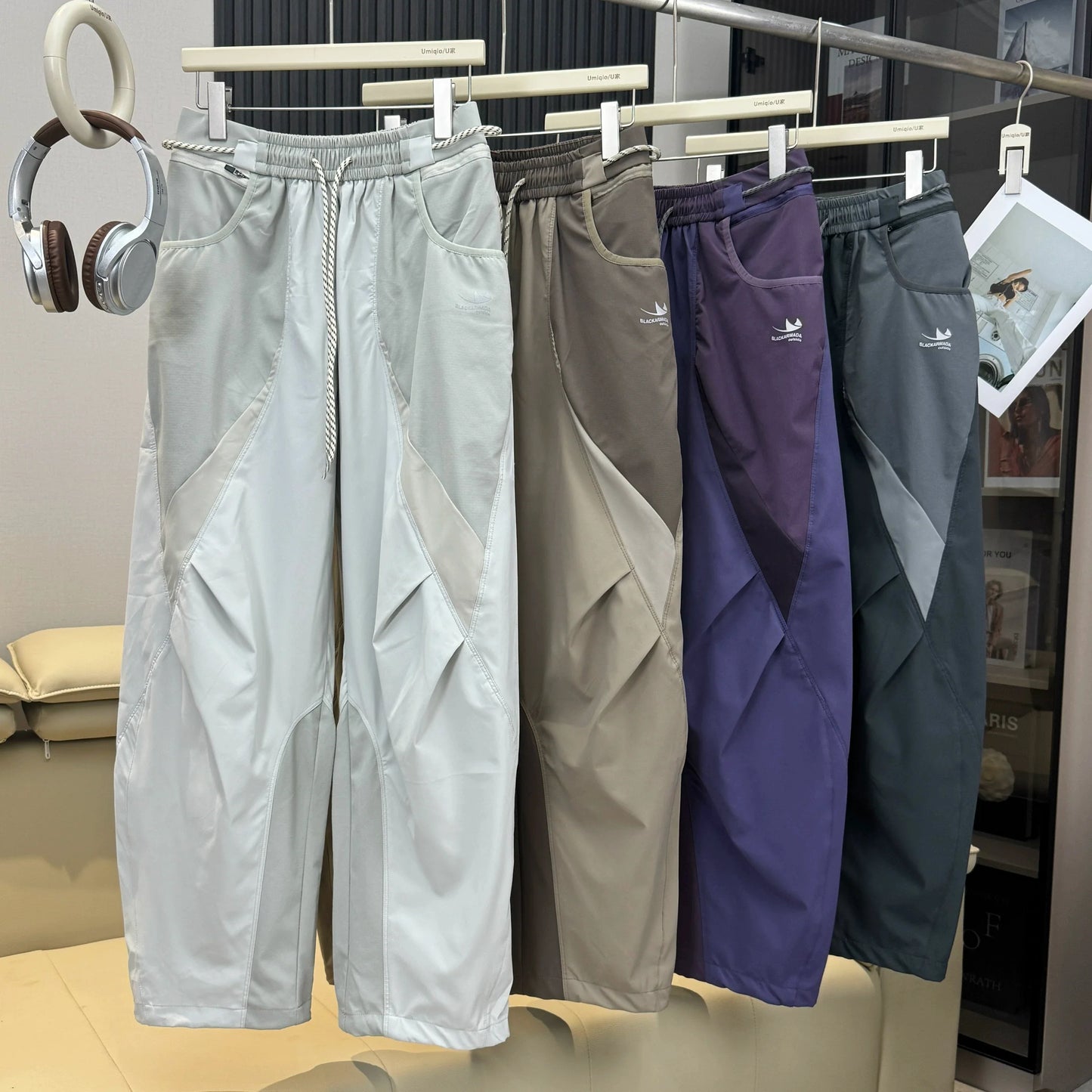 Men Outdoor Lightweight Quick Dry Ultra Loose Casual Splice Wide Leg Techwear Track Cargo Pants Women Streetwear Baggy Trousers
