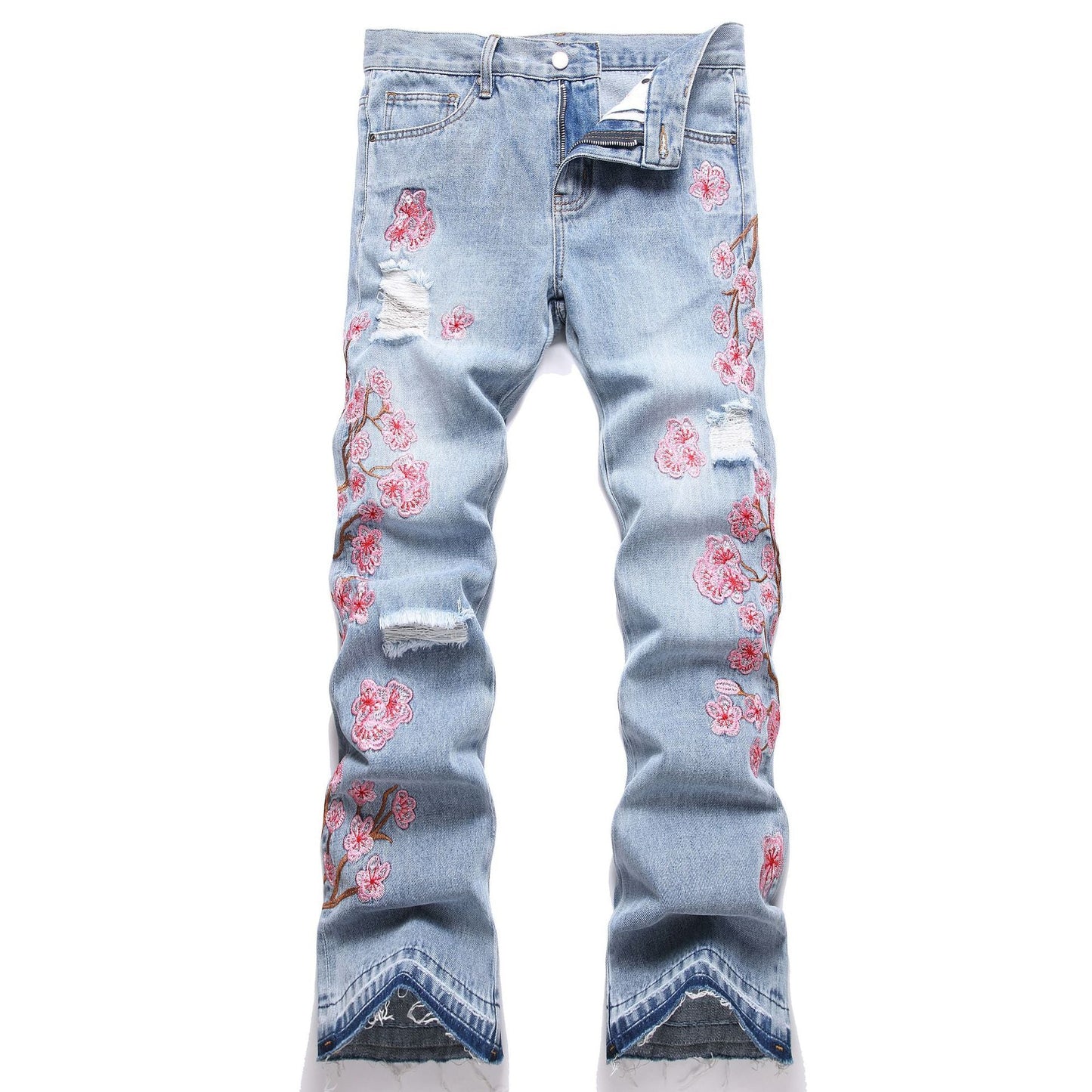 Men Straight Jean Denim Pants Jeans Loose Ankle Length Pant Pockets Casual Washed High Street Distressed Zipper Fly Spliced