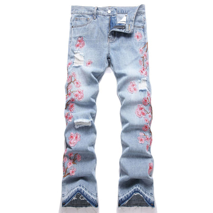 Men Straight Jean Denim Pants Jeans Loose Ankle Length Pant Pockets Casual Washed High Street Distressed Zipper Fly Spliced