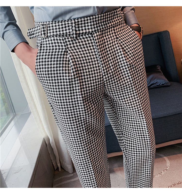 British Style Autumn New Fashion Stripe Plaid Suit Pant Men High Waist Design Slim Fit Office Pants Mens Groom Wedding Trousers