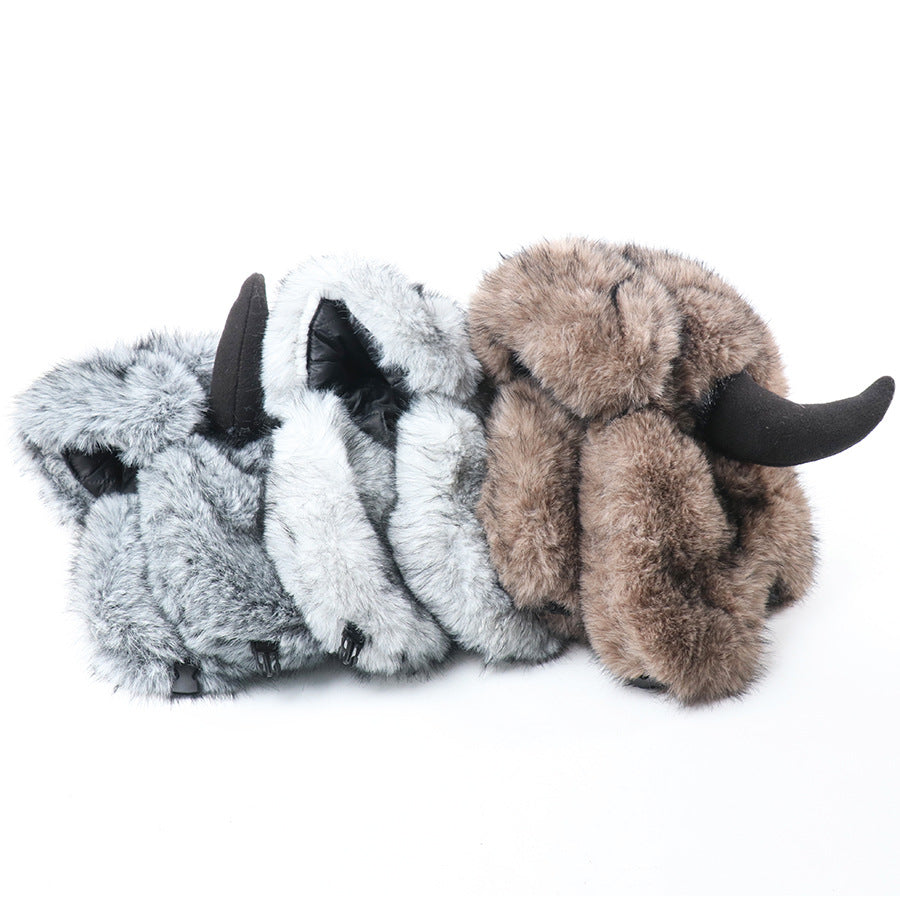 Imitation Fur Warm Horned Lei Feng Hats for Men Winter Russian Ushanka Hat Outdoor Thicked Windproof Ear Protection Caps