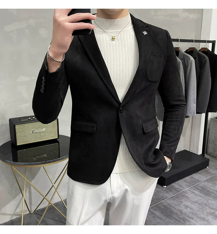 Men's Deerskin Fleece Jacket Suit Coat Blazer Men's Business Leisure Slim Fit Brand Fashion High Quality Single Button Suit Coat