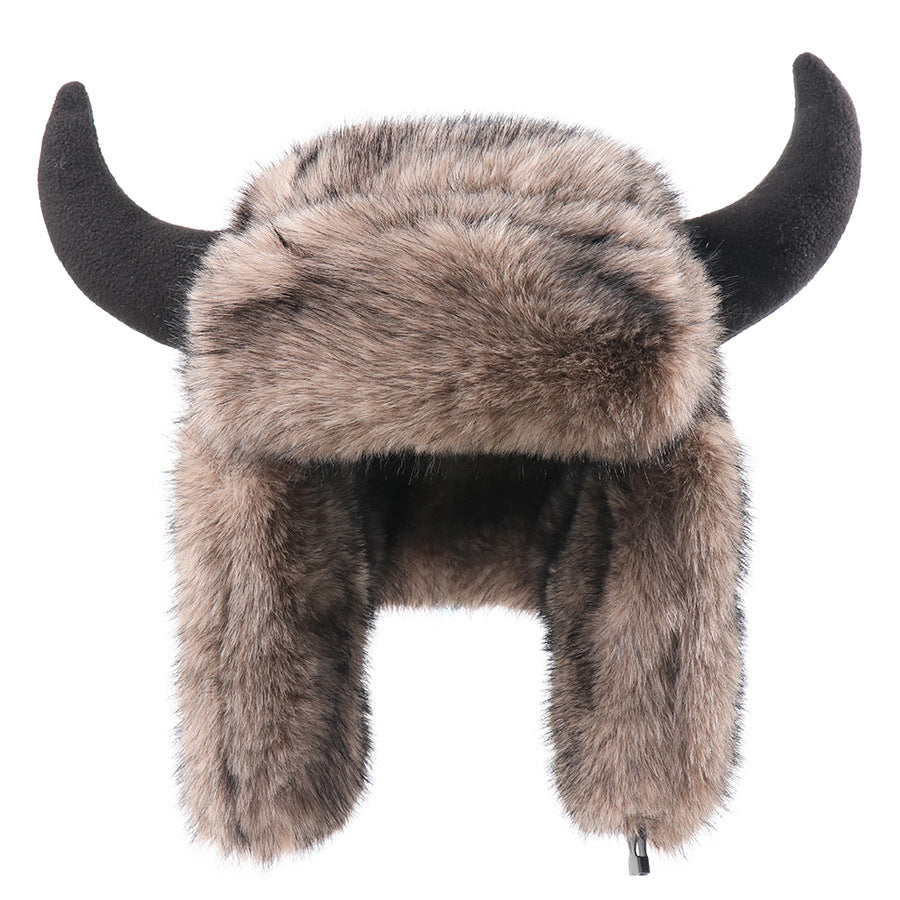 Imitation Fur Warm Horned Lei Feng Hats for Men Winter Russian Ushanka Hat Outdoor Thicked Windproof Ear Protection Caps