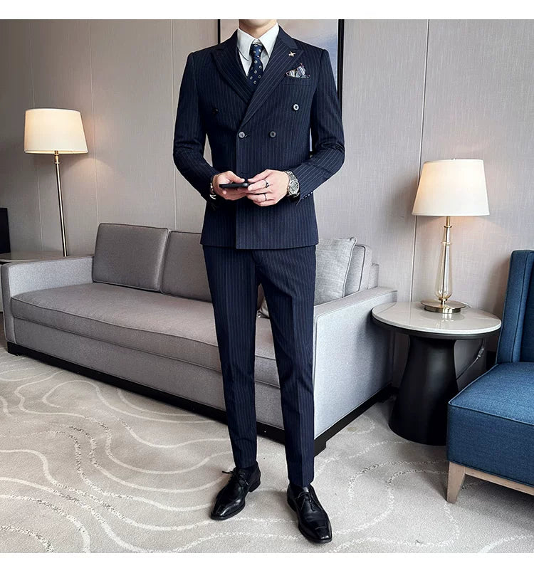 Jacket And Pants High-end Fashion Striped Men's Formal Double-breasted Business Suit Groom Wedding Dress Mens Suit 2 Piece Set