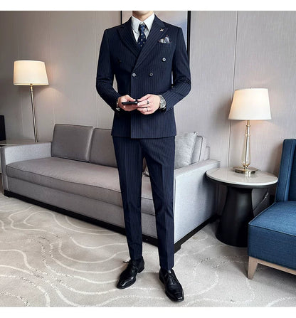 Jacket And Pants High-end Fashion Striped Men's Formal Double-breasted Business Suit Groom Wedding Dress Mens Suit 2 Piece Set