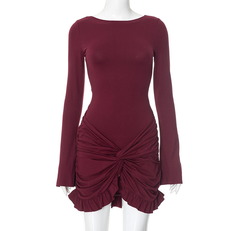 Ruched Bodycon Dress Women Sexy Long Sleeve Twist Ruffles Hem Mini Dresses Autumn White Elegant Club Party Short Vestidos
