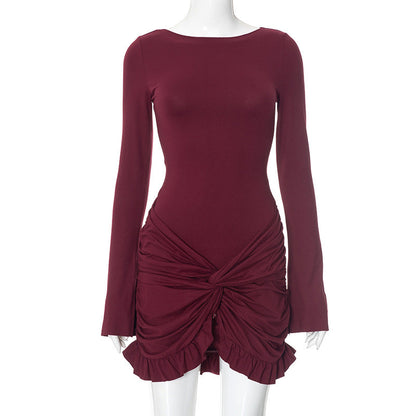 Ruched Bodycon Dress Women Sexy Long Sleeve Twist Ruffles Hem Mini Dresses Autumn White Elegant Club Party Short Vestidos