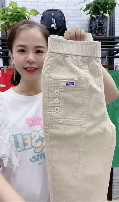 Elegant Women Streetwear Korean Fashion Casual Pant Solid Corduroy Harlan Button Pockets Pants New Autumn Winter Pants Plus Size