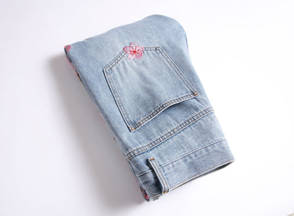 Men Straight Jean Denim Pants Jeans Loose Ankle Length Pant Pockets Casual Washed High Street Distressed Zipper Fly Spliced