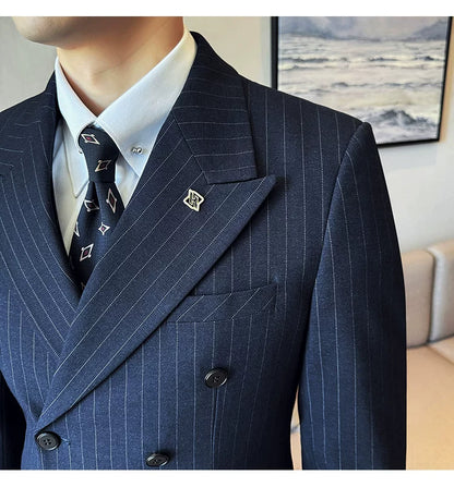 7XL-M ( Jacket + Pants ) Latest 2024 Stripe Design Double Breasted Men Suit 2 Piece Groom Wedding Business Slim Fit Prom Tuxedos