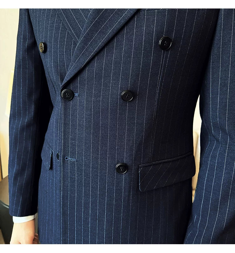 7XL-M ( Jacket + Pants ) Latest 2024 Stripe Design Double Breasted Men Suit 2 Piece Groom Wedding Business Slim Fit Prom Tuxedos