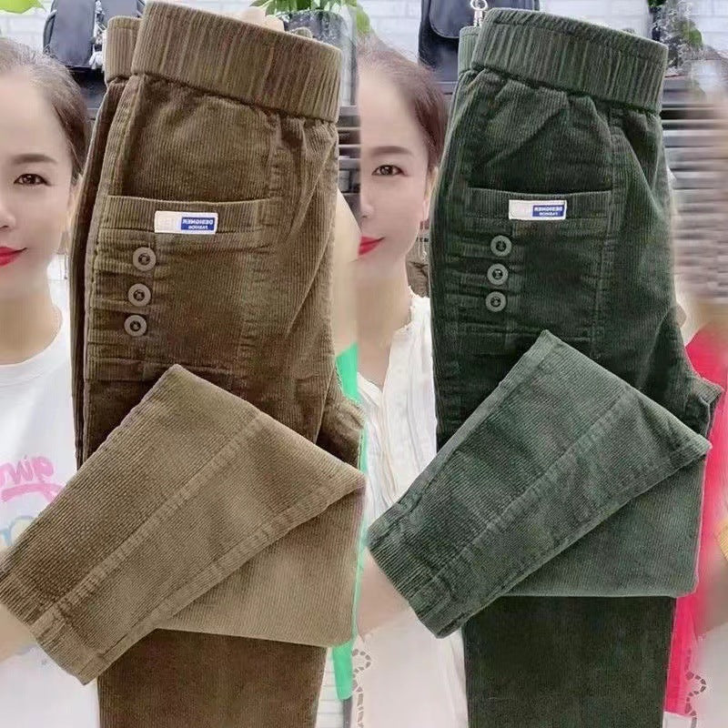 Elegant Women Streetwear Korean Fashion Casual Pant Solid Corduroy Harlan Button Pockets Pants New Autumn Winter Pants Plus Size