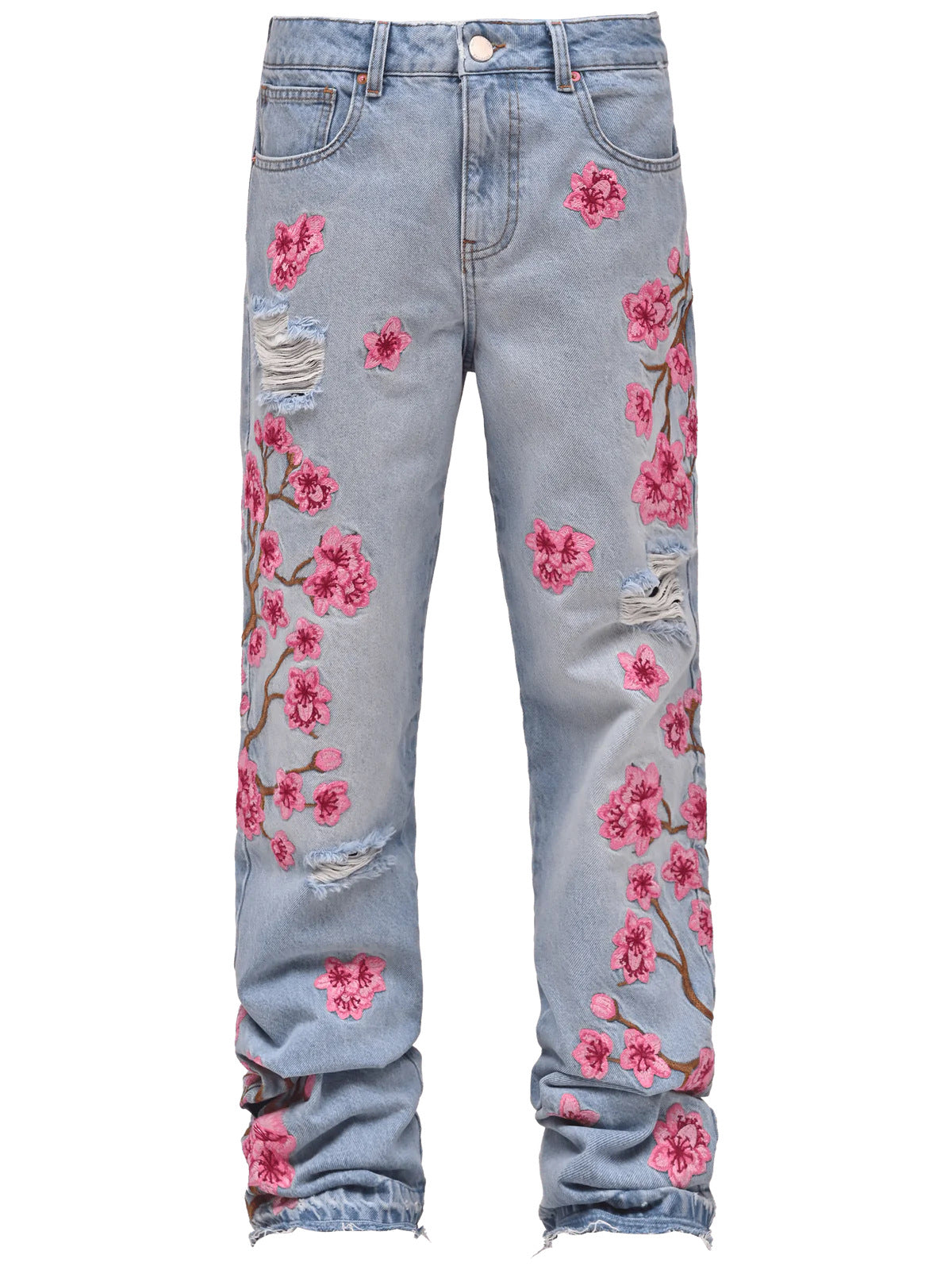 Men Straight Jean Denim Pants Jeans Loose Ankle Length Pant Pockets Casual Washed High Street Distressed Zipper Fly Spliced