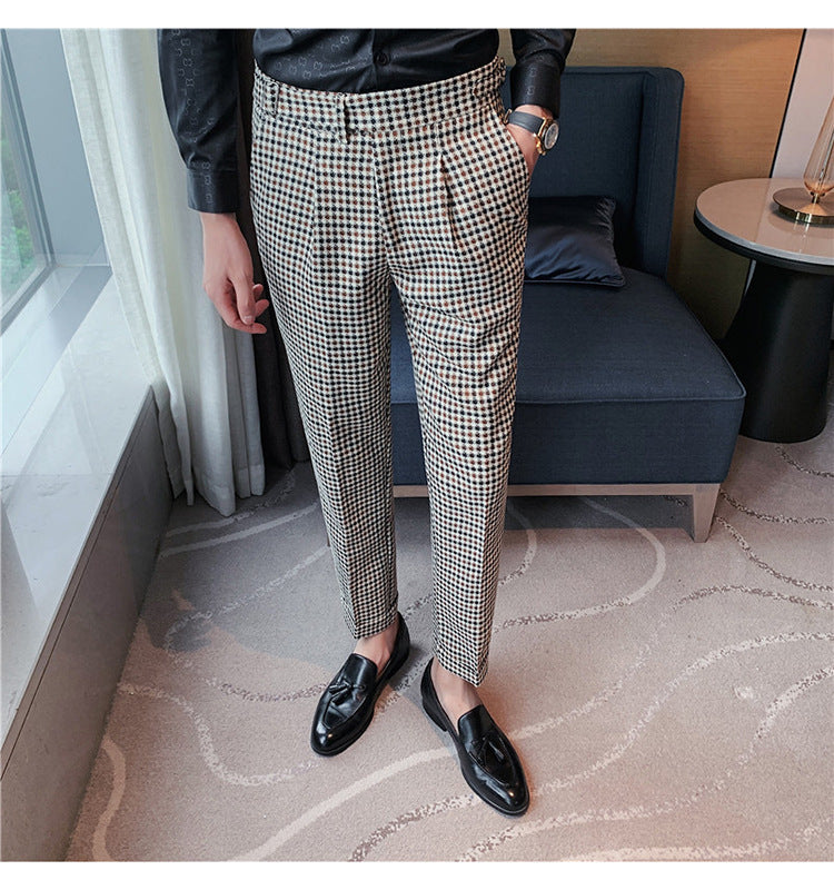British Style Autumn New Fashion Stripe Plaid Suit Pant Men High Waist Design Slim Fit Office Pants Mens Groom Wedding Trousers