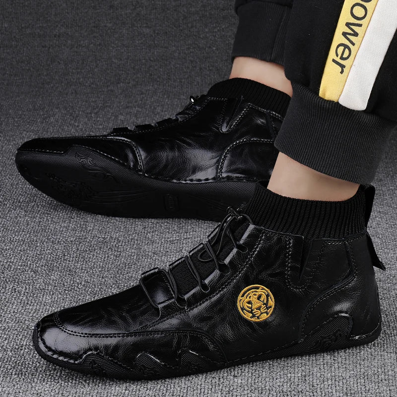 Men's Wear-resistant Boots Casual Classic Genuine Leather Handmade Shoes Ankle Round Toe Lace Up Walking Business Boot