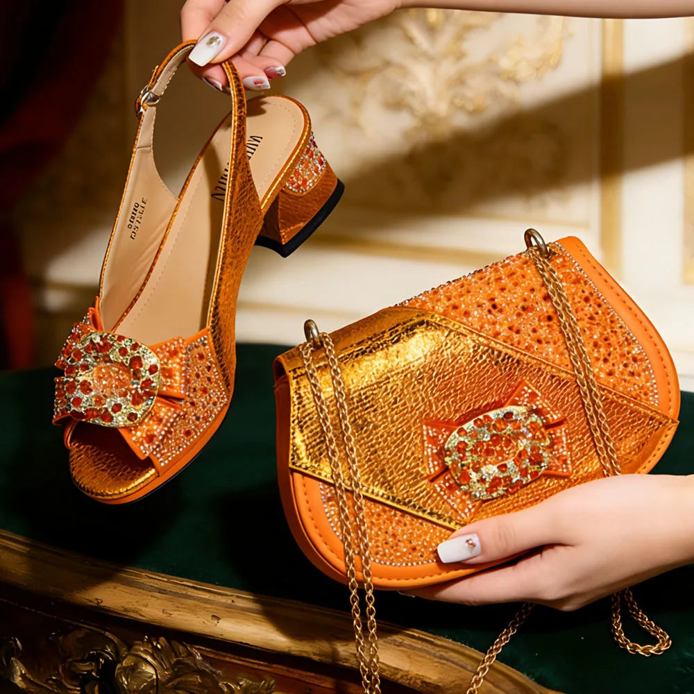Fashion Mature Style Gold Color Striped Rhinestone Decoation Design Party Wedding Peep Toe High Heels and Bag Set