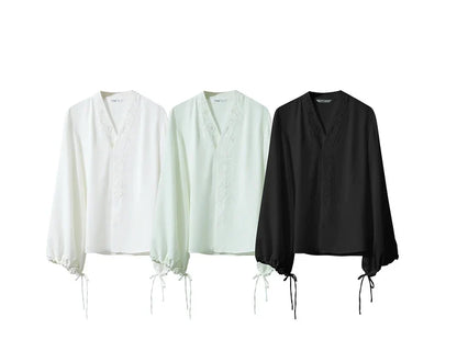 Chiffon Women's Blouse 2025 Autumn New V-neck Letter Embroidered Top Elegant Lantern Sleeve Loose Women's Shirt 12421028