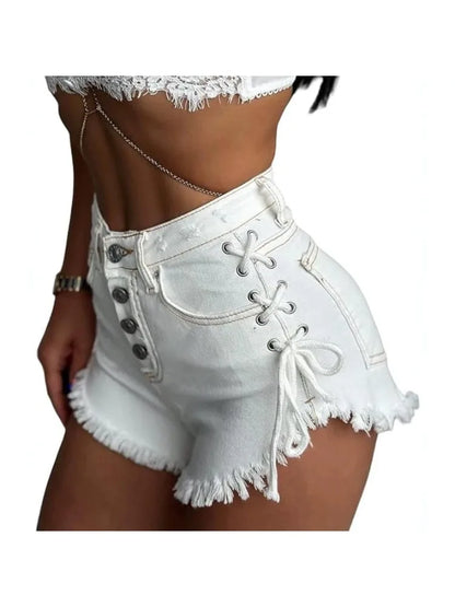HOUZHOU Women's Cross-strap Shorts White Sexy High-Waisted Slim-Fit Denim Shorts Summer High Street Wrapped Hip Short Jeans
