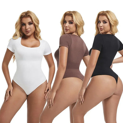 Bodysuits Sexy Ribbed One Piece Square Neck Short Sleeve Bodysuits Tummy Control Open Crotch Bodysuit Shapewear Suit