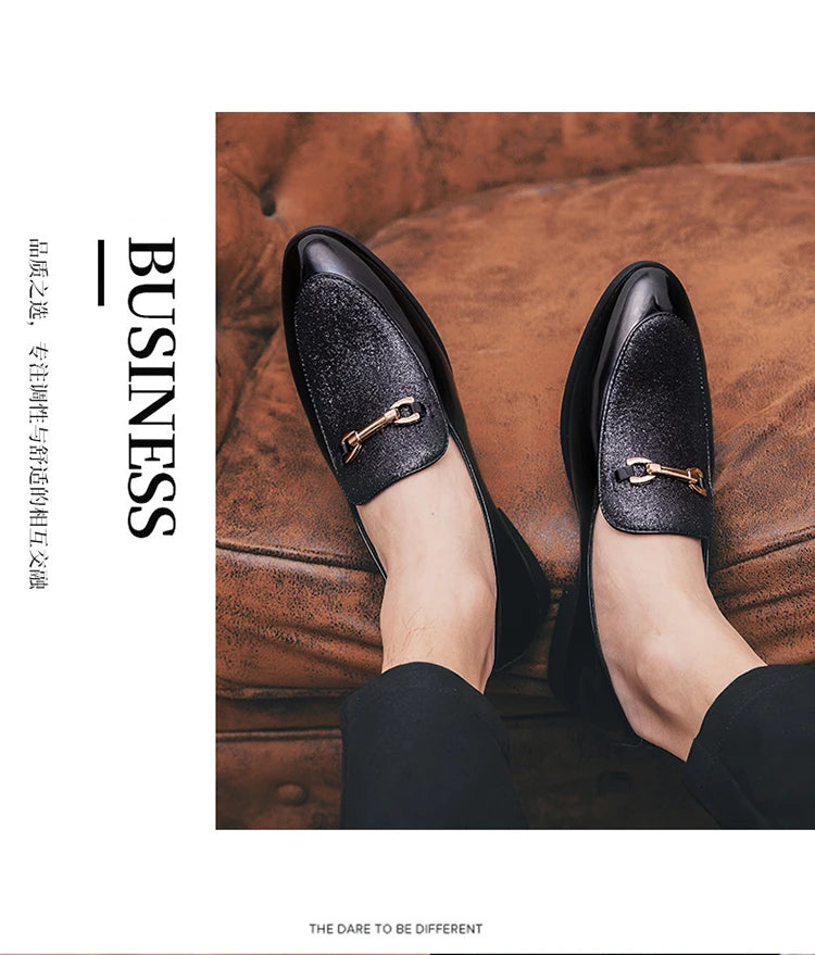 Men's pointed suede formal shoes, retro new patchwork loafers mixed with slipper shoes, wedding dress leather shoes