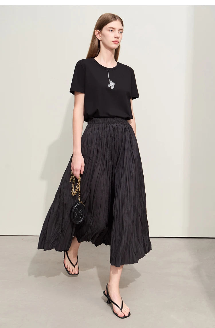 Minimalism Pleated A-Line Skirts Women 2024 Summer New Baiscs Rubber Band Waist Irregular Loose Large Hem Skirt 12442081