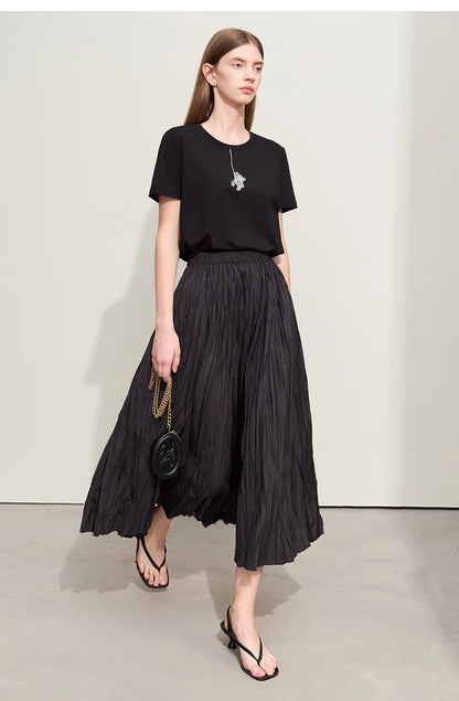 Minimalism Pleated A-Line Skirts Women 2024 Summer New Baiscs Rubber Band Waist Irregular Loose Large Hem Skirt 12442081
