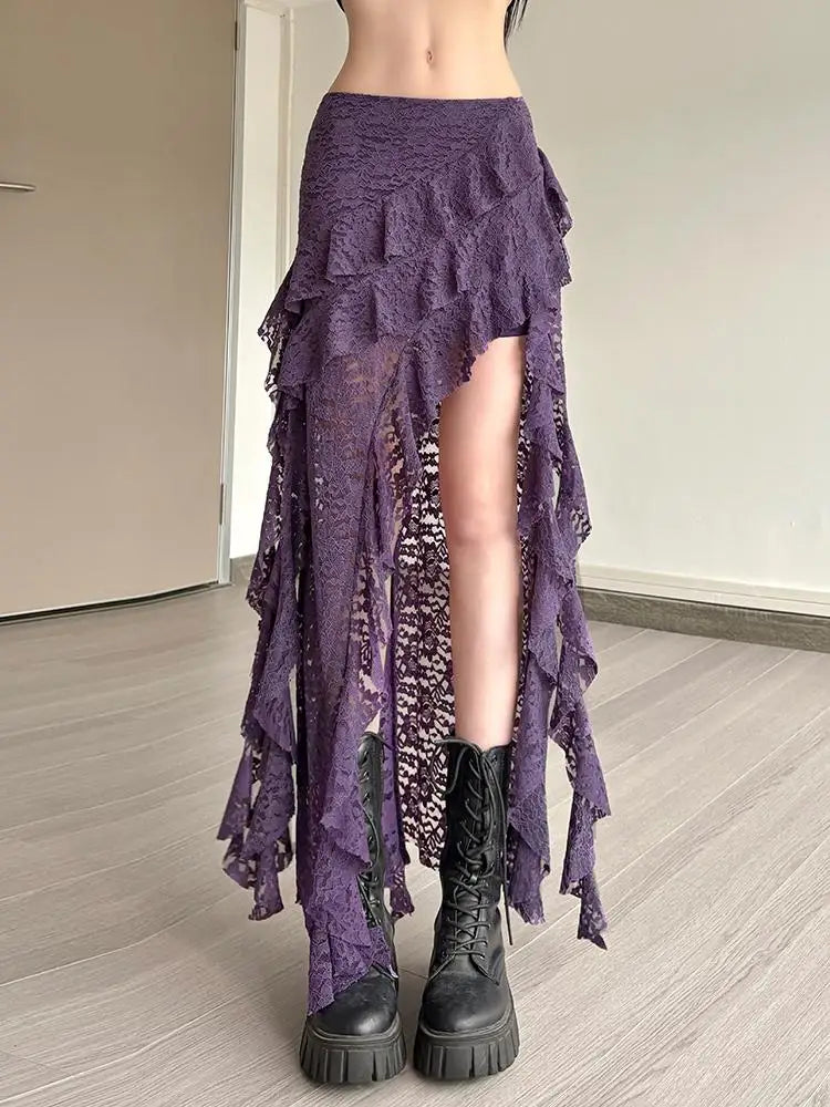 Women Tassel Skirt Irregular Hem Multi Layered Ruffles Lace Patchwork Sweet Summer Daily Wear Skinny Versatile Purple Skirt