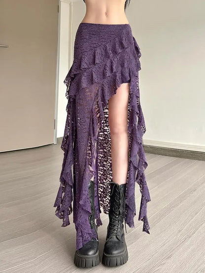 Women Tassel Skirt Irregular Hem Multi Layered Ruffles Lace Patchwork Sweet Summer Daily Wear Skinny Versatile Purple Skirt