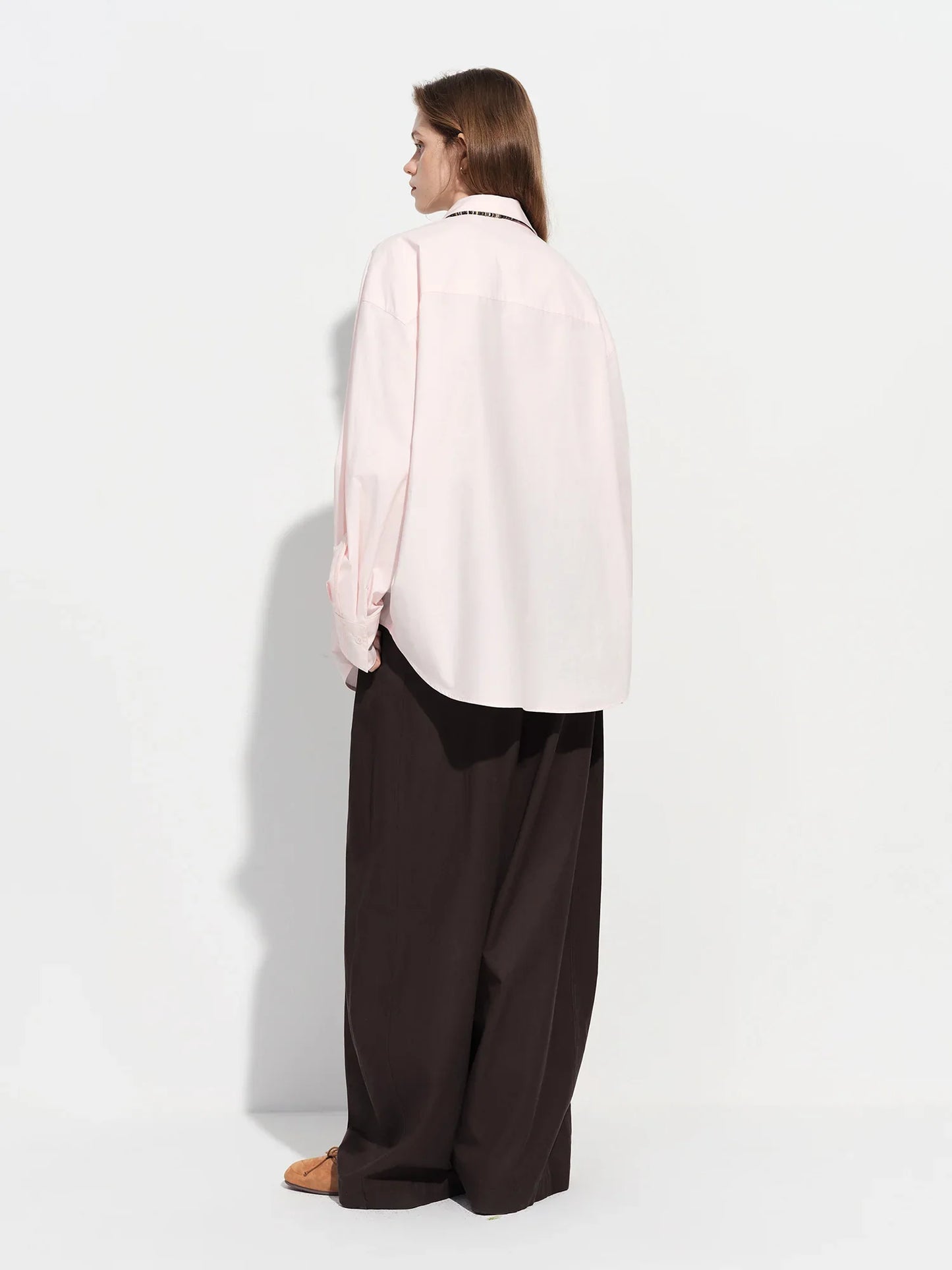 Women's French Loose Fit Cotton Shirt Long Sleeve Layering Top with Web Strap Detail Casual Oversized Blouse