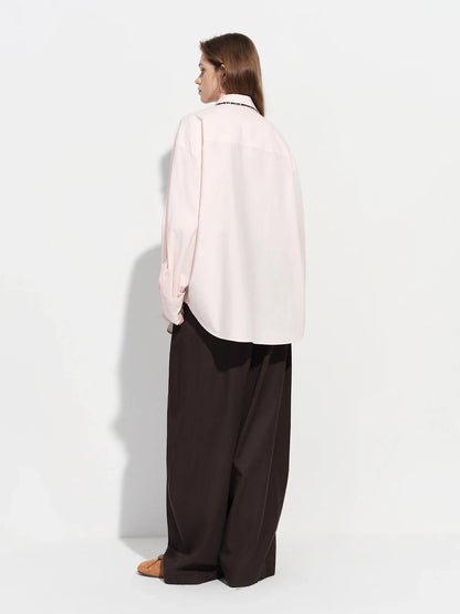 Women's French Loose Fit Cotton Shirt Long Sleeve Layering Top with Web Strap Detail Casual Oversized Blouse