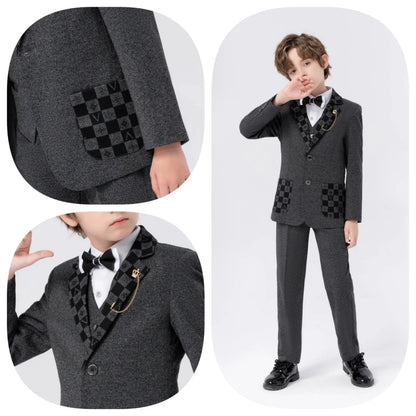 New Handsome Kids Suit Set 5 Pieces Blazer Vest Pants Bow-tie Brooch Classic Boys Suits For Piano Performance Birthday Party