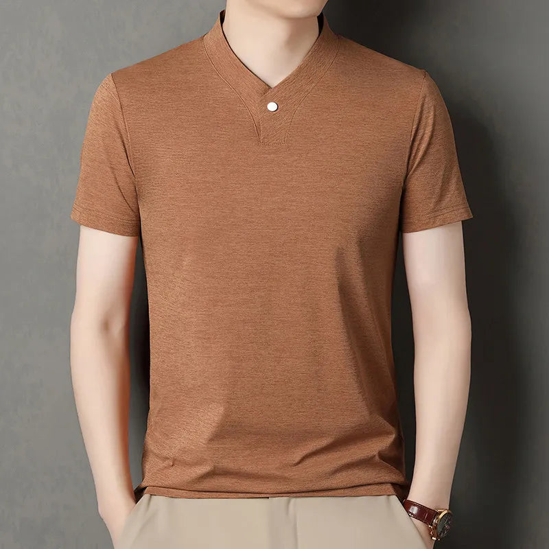 2026 Korean Style Men's Casual and Fashionable One Button V-neck Solid Color Short Sleeved T-shirt Summer Versatile Top