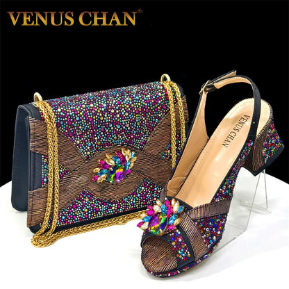2025 Luxury Italian Women's Party Shoes & Handbag Set – Elegant Multicolor Rhinestone Peep-Toe High Heels Sandals for Weddings