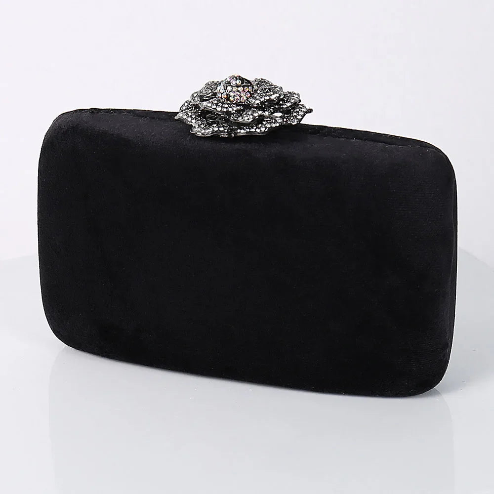 Diamonds Flower Velvet Evening Bag Women New Elegant Chain Banquet Dress Clutch Bag Ladies Wedding Dinner Party Box Small Purses